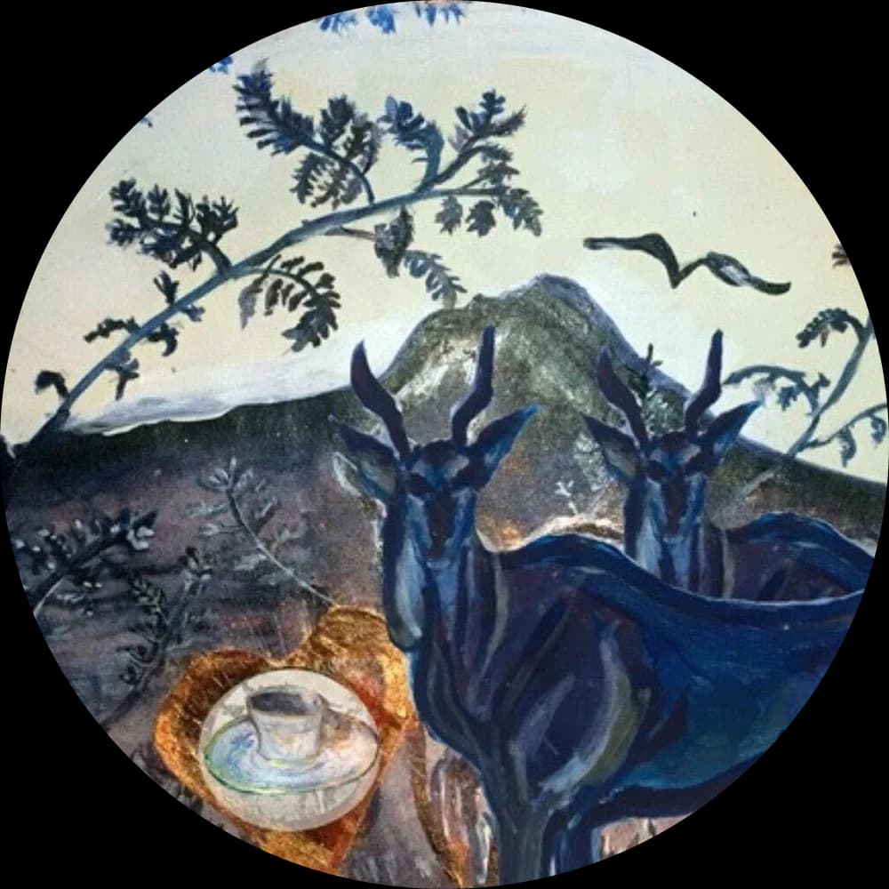 A painting by Helena: two blue eland stand before a mountain, with Artemisia fronds above and a teacup resting on a gold-leaf heart